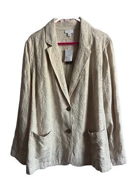 J.Jill Linen Blend Eyelet Blazer Jacket XL Oatmeal Embroidered NWT MSRP $139